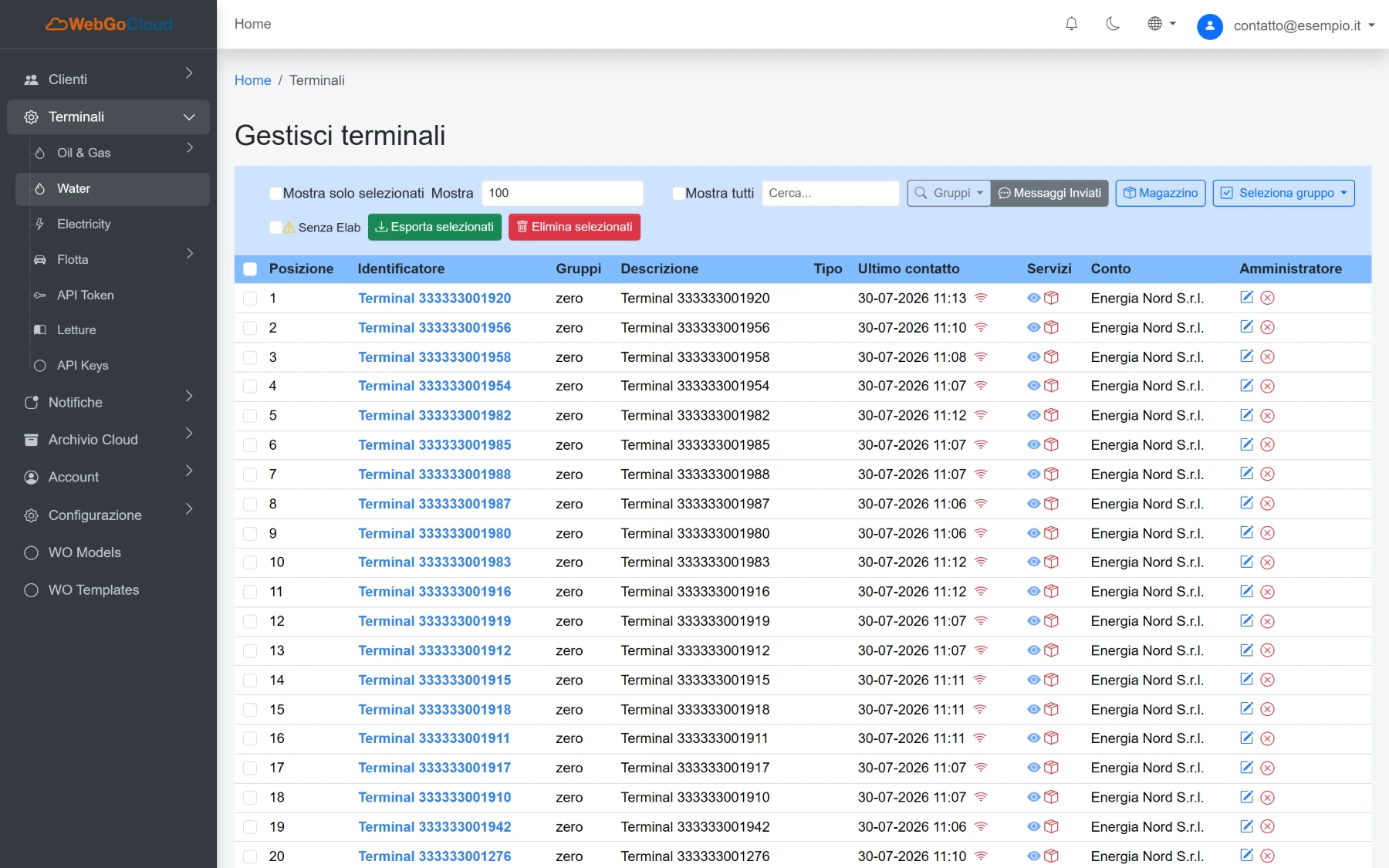 Elenco dei terminali monitorati su WebGoCloud, con identificativo, gruppo, ultimo contatto e stato di trasmissione